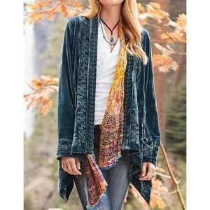 Sundance Teal Blue-Green Silk Velvet Embroidered Left Bank Cardigan sz M